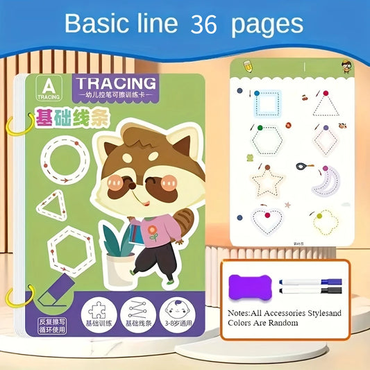 36pages Reusable Kids' Writing Book - Erasable Practice for Ages 3-6, Durable Training Workbook