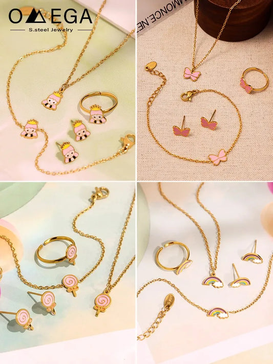 Children Jewelry Sets For Girls Stainless Steel Earrings Bracelets Rings Necklaces Child's Chain Necklace Bracelet Ring Earring